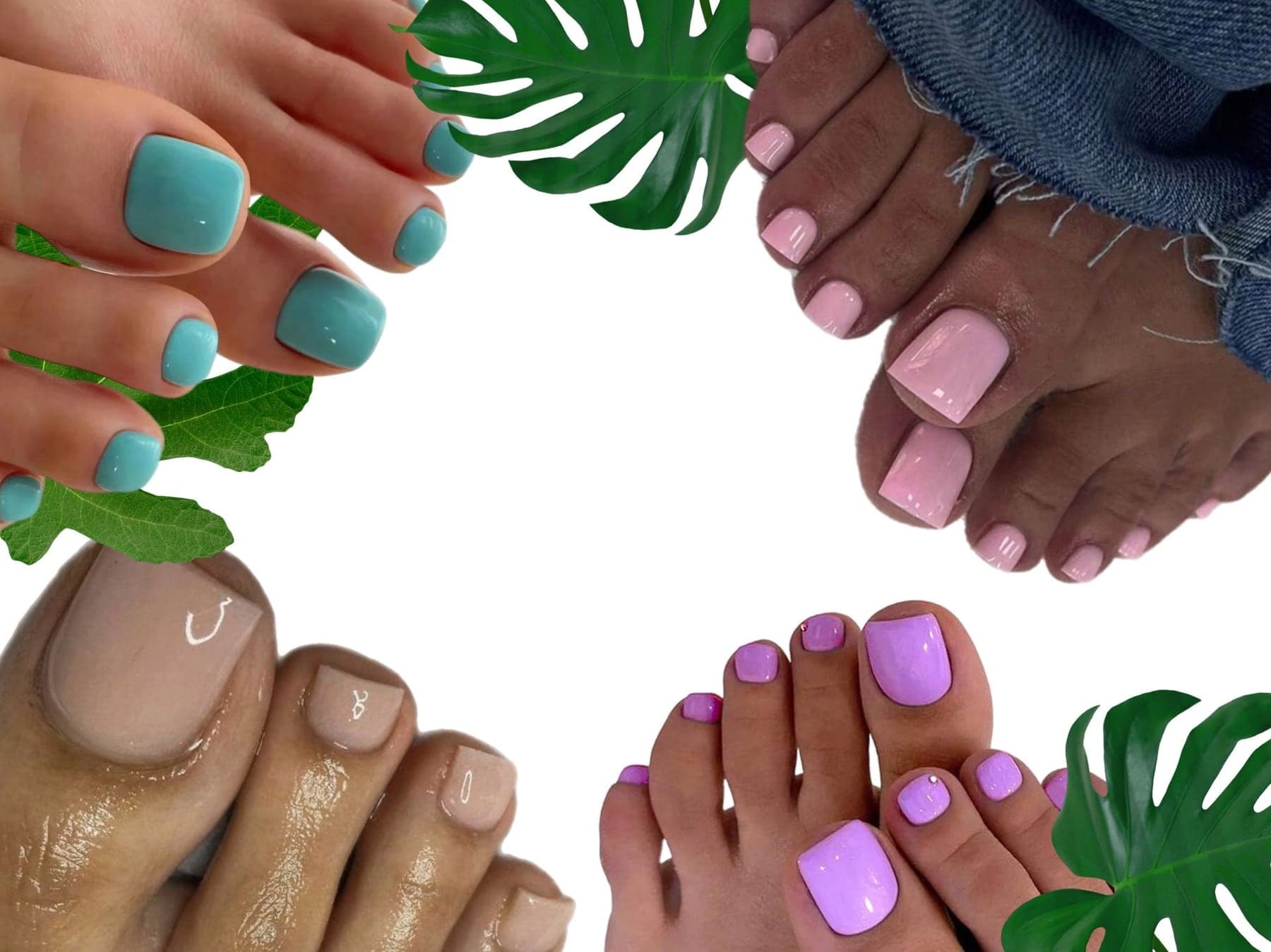A finished waterless pedicure in pastel gel beside a monstera leaf